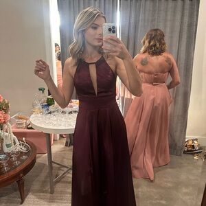 David's Bridal Deep Burgundy Halter Gown